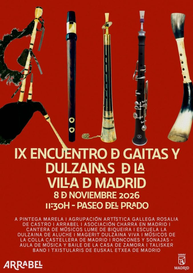 Cartel del IX Encuentro de Gaitas y Dulzainas de la Villa de Madrid, 8 de noviembre de 2026, con participación de Magerit Dulzaina Viva